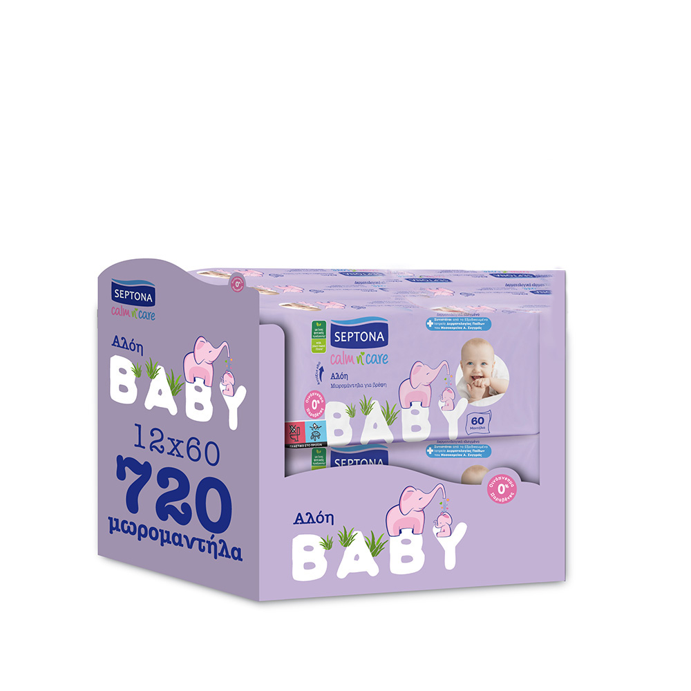 SEPTONA - PROMO PACK 12 ΤΕΜΑΧΙΑ CALM n CARE Μωρομάντηλα για βρέφη (αλόη) - 60τεμ.